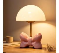 Lampe de table Champignon rose avec câble, lampe de nuit LED à 3 températures de couleur, abat-jour en verre, lampe de table pour enfants, design nœud, lampe de chambre, lampe de chevet décorative