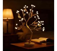 Lampe de table décorative en forme de feuille dorée nacrée - 36 LED - Alimentation par piles ou interface USB - Fil de cuivre doré mat - En forme de branche d'arbre - Pour bureau, maison, chambre