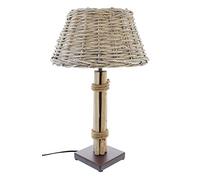 Lampe de table en bois flotté, abat-jour en osier cérusé gris, pied en métal laqué brun foncé