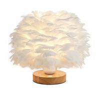 Lampe de table en plumes blanches Lampe de chevet avec base en bois Lampe de table en plumes Abat-jour de bureau pour lampe de chambre à coucher, lampe décorative, salon