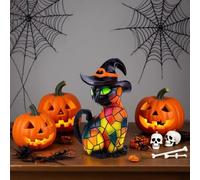 Lampe de table en résine en forme de chat avec finition de style vitrail - Veilleuse chaude pour chambre à coucher, décoration d'animal d'Halloween, décoration d'intérieur fantaisiste et cadeau pour