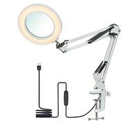Lampe de table flexible grande blanche avec pince, équipée d'une loupe 8X et d'un bras orientable, LED dimmable, 3 modes de couleur et 10 niveaux de luminosité, idéale pour la lecture et le travail