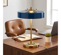 Lampe de table GADSBY. Style classique et élégant, détails dorés et abat-jour disque bleu. Lampe de bureau rétro vintage | 3 ampoules E27. Lampe décorative pour tables de chevet, coins lecture et salo