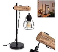 Lampe de table Gondo, lampe en métal noir et bois naturel abat jour en métal noir, disposent d'un interrupteur sur le câble, créant un effect de lumière sur le mur, 1xE27, ampoule(s) non incluse(s)