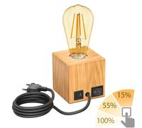 ledscom.de Lampe de table HITO, bois massif, rectangulaire, USB, ampoule E27 Retro incluse, or, max. 814lm, 3 niveaux, blanc extra chaud