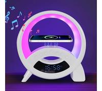 Lampe de Table Intelligente LED, 5 en 1 Lampe D'ambiance Avec Chargeur Sans Fil, Haut-parleur Bluetooth, Veilleuse, Lampe de Chevet, Réveil, TF/AUX/FM, Idéale pour la Chambre à Coucher, Cadeau (Blanc)