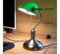 Lampe de banquier en verre lampe de table réglable lampe de bureau rétro vert interrupteur à tirette, métal, 1x douille E27, LxPxH 26x18x36 cm