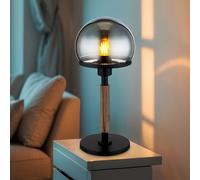 Lampe de table champignon design lampe de chevet rétro lampe de table verre fumé aspect bois lampe de salon, métal noir, 1x E27, DxH 18 x 40 cm