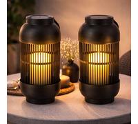 Lampe de table solaire, lampe d'extérieur, lanterne, bougie, lampe de jardin, lampe de terrasse, effet flamme, plastique noir, batterie, 1x LED blanc chaud, H 33 cm, lot de 2