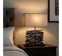 Lampe de table, lampe de table, lampe d'appoint, lampe en bois, lampe de bureau, lampe de salon, bois noir, tissu gris, E27, H 50 cm