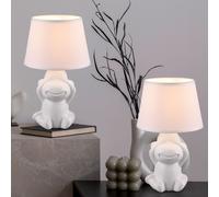 Lampe à poser Lampe à poser Veilleuse Lampe de chevet, interrupteur cordon singe design céramique blanc mat abat-jour en tissu, 1x douille E14, DxH 17x27cm, lot de 2