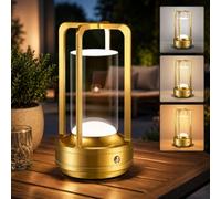 Lampe de table portable pour extérieur et intérieur : lampe de bureau rechargeable sans fil avec 3 couleurs à intensité variable - Petite lanterne en métal à piles pour restaurant/chambre/bar/café