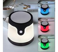 Lampe de table RGB avec haut-parleur Bluetooth Lampe de table de terrasse changeur de couleurs RGB, plastique, IP44, câble USB, 3x LED 3x 0,06 watts, DxH 9,8x10,7 cm