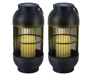 Lampe de table solaire, lampe d'extérieur, lanterne, bougie, lampe de jardin, lampe de terrasse, effet flamme, plastique noir, batterie, 1x LED blanc chaud, H 33 cm, lot de 2