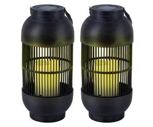 Lampe de table solaire, lampe d'extérieur, lanterne, bougie, lampe de jardin, lampe de terrasse, effet flamme, plastique noir, batterie, 1x LED blanc chaud, H 33 cm, lot de 2