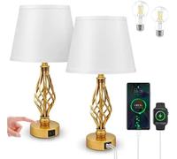 Lampe De Table Tactile pour Chambre à Coucher, Lot De 2, Lampe sur Pied à Intensité Variable 3 Positions avec Ports De Charge USB, Lampe De Chevet avec Abat-Jour Rond en Tissu, Gold Color, One Size
