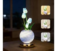 Lampe De Table Tulipe, 3 Couleurs Lampe De Chevet Tactile en Cristal avec Vase à Intensité Variable,Lampe de Bureau Rechargeable Sans Fil,Cadeau Romantique pour Femme Maman (Tulipe-Bleu)