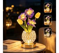 Lampe De Table Tulipe, 3 Couleurs Lampe De Chevet Tactile en Cristal avec Vase à Intensité Variable,Lampe de Bureau Rechargeable Sans Fil,Cadeau Romantique pour Femme Maman (Fleur de Cerisier-Bleu)