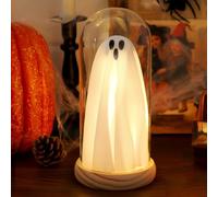 Lampe décorative fantôme d'Halloween - Fantôme lumineux dans une cloche en verre avec base en bois, jolie décoration d'intérieur d'Halloween pour table, étagère, cheminée - Décoration de chambre