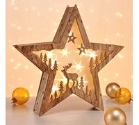 Lampe décorative LED en forme d'étoile en bois véritable avec 10 LED blanc chaud.