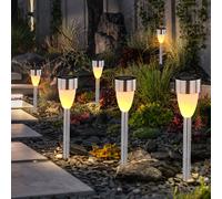 Lampes à brancher, lumière solaire, lampe de jardin, lampe de chemin, terrasse, batterie IP44, piquet, effet de feu, acier inoxydable, satin noir et blanc, LED blanc chaud, DxH 5,5x36,5cm, lot de 6