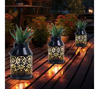 Lampes solaires pour décoration de balcon extérieur motif décoration de jardin lanterne solaire en métal jardinière suspendue, noir, LED, DxH 10x16 cm, lot de 3