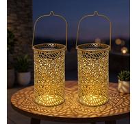 Lampe Solaire LED Métal Doré Effet Lumineux Feuilles 2 Pièces