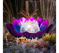 Lampe d'extérieur Rétro Lampe solaire Lampe décorative de jardin, lampe de terrasse LED résistante aux intempéries Fleur de lotus Crackle verre, métal violet bleu, 1x LED, LxlxH 25x25x10 cm