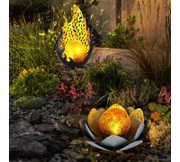 Lampe solaire flamme design extérieur fleur solaire extérieur fleur de lotus verre craquelé solaire, gris, ampoules LED, 1x fleur de lotus 1x design flamme, lot de 2