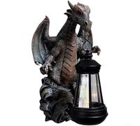 Lampe en résine dinosaure alimentée par le soleil pour espaces extérieurs avec technologie de détection nocturne offrant un effet lumineux sans branchement électrique (dragon gris cuivré)