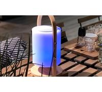 Lampe enceinte LED Soplay 10 W de la marque Lumisky avec anse et socle en bois