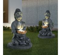 Lampe solaire Bouddha Lampe solaire Figure de jardin Feng Shui Bouddha solaire aspect pierre, ampoules LED, DxH 18x28 cm, lot de 2