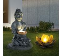 Lampe solaire d'extérieur Bouddha Feng Shui fleur solaire d'extérieur fleur de lotus verre craquelé solaire, gris, ampoules LED, 1x lotus 1x bouddha, lot de 2