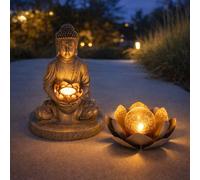 Lampe solaire d'extérieur Bouddha Feng Shui fleur solaire d'extérieur fleur de lotus verre craquelé solaire, gris, ampoules LED, 1x lotus 1x bouddha, lot de 2