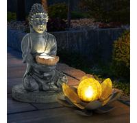Lampe solaire Bouddha Feng Shui extérieur fleur solaire extérieur fleur de lotus solaire verre craquelé, gris, ampoules LED, 1x lotus 1x bouddha, lot de 2