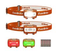 Lampe Frontale Avec 3 Lumieres Blanche, Everbrite, Rouge Et Verte, 300 Lm, 5 Modes D'eclairage, Torche Frontale Reglable Pour Peche, Camping, Lecture, Randonnee, 6 Piles Aaa Incluses (Orange)