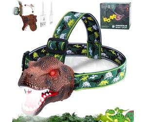 Lampe frontale dinosaure avec œil lumineux et rugissement réaliste pour enfants avec bandeau réglable, rechargeable par USB, allumée fixe/clignotante, lampe frontale réglable à 90 degrés pour enfan