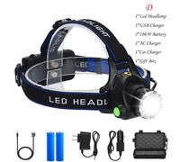 Lampe Frontale Étanche À Lumière Led D2 8000lm, Alimentée Par Batterie 18650 Rechargeable Par Usb, Fonction Zoom, Idéale Pour La Chasse, Le Minage Et La Pêche