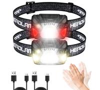 Lampe Frontale Rechargeable 2 pièces, 2000 Lux Superbrighte LED Puissante avec Voyant Rouge,6 Modes d'Éclairage,Capteur Mouvement, Affichage de Puissance IPX4 Étanche Lampe Frontale Running, Camping