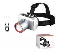 Lampe frontale rechargeable, zoomable, super lumineuse, batterie 800 mAh, charge rapide de type C, mise au point réglable pour camping et randonnée, lumière blanche jusqu'à 500 m (E)