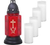 Lampe funéraire en verre (24cm) avec croix incl. 5 bougies de recharge Buena rouge