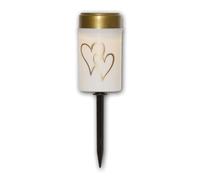 Lampe funéraire solaire LED "COEUR", blanc/or, hauteur 12 cm, diamètre 7 cm, capteur crépusculaire, piquet de terre, imite une flamme naturelle