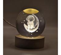 Lampe LED sphérique gravée 3D Astronaute - Design dessin animé, base en bois, alimentation USB