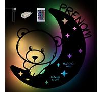 Lampe Led USB Murale En Bois Gravé avec changement de couleur - Veilleuse Déco Ourson sur la Lune Avec Prénom de Naissance Personnalisés Pour Garçons Et Filles - Idée De Cadeau Pour Baptêmes Naissance