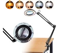lampe loupe 64 LED Lampe de travail - Lampe loupe à pince avec grossissement 5x, gradation 5 couleurs, lentille en verre 110 mm, Smart-Head-Touch-Control - Parfait pour travailler, étudier, lire.