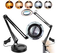 lampe loupe 64 LED Lampe loupe de travail avec support Lampe de bureau Grossissement 5x, variateur 5 couleurs, lentille en verre 110mm, Smart-Head-Touch-Control Idéal pour travailler Apprendre Lire