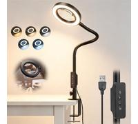 Lampe loupe LED avec pied à pince, grossissement 10 x | Lampe de bureau USB avec col de cygne à 360°, 5 modes de couleur et 10 niveaux de luminosité, pour travaux manuels, lecture