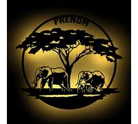 Lampe murale décorative africaine - Avec motif éléphant en pleine nature d’Afrique - Cadeau avec nom - Fonctionne avec piles