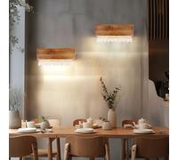 Applique murale lumineuse en bois, lampe de couloir, lampe de salon, applique murale LED avec cristaux, 12 W 430 lm blanc chaud, L x H 37 x 17 cm, lot de 2