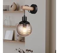 Applique murale suspendue lampe de couloir lampe en bois, boule de verre cristaux de fumée métal noir, 1x E27, LxH 15 x 30 cm